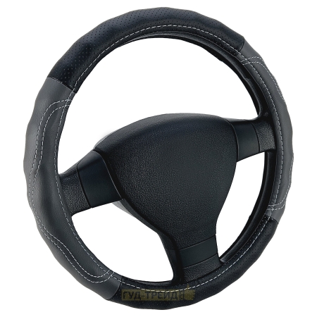 Оплетка на руль (M) (кожа, волна, чёрный перфорация + темно-серый) TT-Tuning RS09